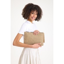 Simfa Premium Kadın Hasır Jüt Astarlı Fermuarlı Clutch El Çantası Portföy