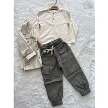 Nurcan Bebe Keten Gömlek Pantolonlu  Çizgili 3 Lü Erkek Takım