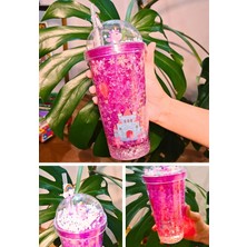 Çiçekli Şato Temalı Suluk Pipetli Buzlu Cam Görünümlü LED Işıklı 450 ml Çift Katman Mika 2768