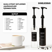 4\'lü Set | 250ML Pompalı Cam Şurup Şişesi- Kahve , 18 Çeşit Siyah Etiket + Silikon Huni Hediyeli