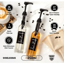 2’li Set | 250ML Pompalı Cam Şurup Şişesi- Kahve , 18 Çeşit Siyah Etiket + Silikon Huni Hediyeli