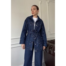 Beli Kuşaklı Denim Ceket- Mavi