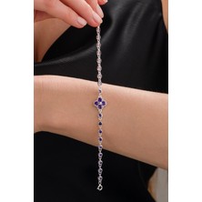 TMT Silver Gümüş Yonca Çiçek Mor Ametist Taşlı Su Yolu Bileklik