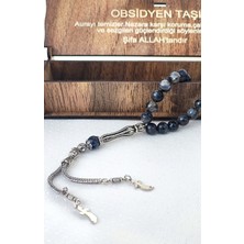 Özel Ahşap Kutulu Obsidyen Taşı Tesbih - Püsküllü Gri, Füme Doğal Taş