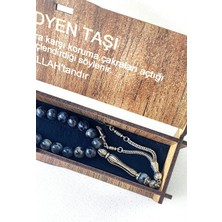 Özel Ahşap Kutulu Obsidyen Taşı Tesbih - Püsküllü Gri, Füme Doğal Taş
