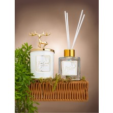Geyik Başlıklı Gold Detaylı Çubuklu Oda Kokusu 100 ml ve Beyaz Bardak  Mum Seti