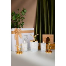 Tiem Concept Dekoratif Özel Tasarım Beyaz Kutulu Vanilya Kokulu Gold Geyik Tepelikli 3lü Bardak Mum Seti