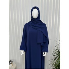 Şallı ,tesettür Yandan Büzgülü Elbise Takım ( Hac ve Umre Için Uygundur) Indigo Renk