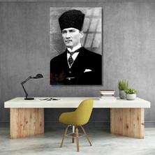 Dikey Cam Siyah Beyaz Atatürk Tablosu Cam Ofis Ev Tablosu Duvar Dekoru