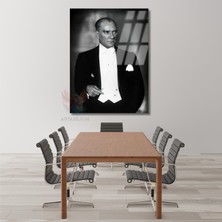 Mustafa Kemal Atatürk Siyah Beyaz Cam Tablo Dikey Duvar Tablosu Ev Ofis Tablosu