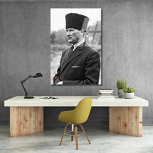 Siyah Beyaz Görsel Kemal Atatürk Cam Tablo Modeli Dikey Duvar Tablosu Ofis Ev Dekoru