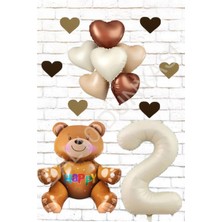 BAL10 Rakam Oturan Ayı Kalp Folyo Balon ve Eva Kalp Doğum Günü Seti Yaş 2