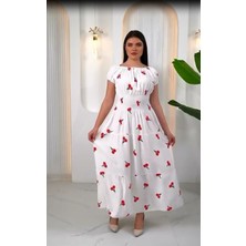 Fibula Butik Madonya Yaka Kiraz Desen Gipeli Kısa Kol Sıtandart 38-48 Bedenlere Olur Poplin Kat Elbise