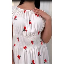 Fibula Butik Madonya Yaka Kiraz Desen Gipeli Kısa Kol Sıtandart 38-48 Bedenlere Olur Poplin Kat Elbise