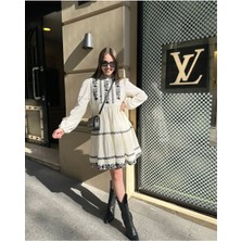 Fibula Butik Bohem ve Otantik Çiçek Nakışlı % Yüz Pamuk Keten Mini Elbise