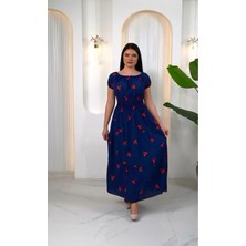 Fibula Butik Madonya Yaka Kiraz Desen Gipeli Kısa Kol Sıtandart 38-48 Bedenlere Olur Poplin Kat Elbise