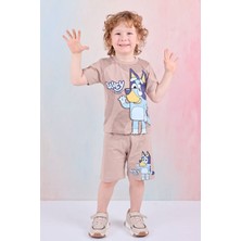 Yağmur Giyim Pjkskt Bluey Desenli Bej Şortlu Erkek Çocuk Kısa Kol Takım 7583-B