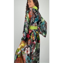 Aurora  Kemerli  Geniş  Kollu  Uzun  Yakma Ipek  Kimono