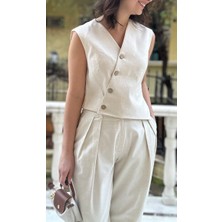 Lasorella Butik Kadın Keten Yelek Pantolon Takım