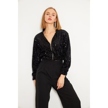 Fermuarlı Kadife Pul Payet Ceket