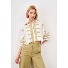 Antik Desenli Kolları Püsküllü Gömlek-Yağ Yeşili