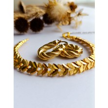 RSBbijuteri Küpe Oval ve Bileklik Altın Kaplama 316 L Çelik 2'li Set + Hediye Paket