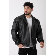 Stil Kombin Yakalı Suni Deri Mont XL Erkek Günlük Siyah Slim Fit Bel Lastikli Modeli