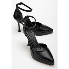 Edel Siyah Cilt Platformlu Sivri Burunlu Kalın Topuklu Ayakkabı