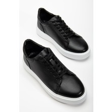 Hakiki Deri Erkek Günlük Ayakkabı Siyah Bağcıklı Kalın Taban