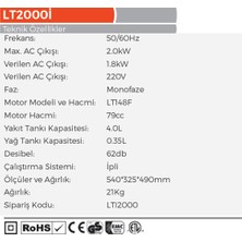 Lutian LT2000I Yeni Nesil Euro(5) Sessiz Benzinli Inverter Jeneratör 2 Kw - 21 kg