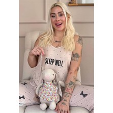 Pijama Evi Bej Sleep Well Baskılı Ip Askılı Örme Kadın Pijama Takımı