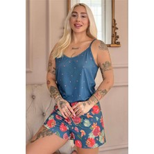 Pijama Evi Petrol Tropik Desenli Ip Askılı Şortlu Kadın Pijama Takımı