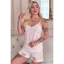 Pijama Evi Açık Pudra Bear Desenli Ip Askılı Şortlu Kadın Pijama Takımı