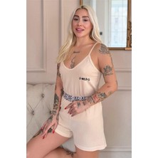 Pijama Evi Bej Wild Spirit Desenli Örme Ip Askı Şortlu Kadın Pijama Takımı