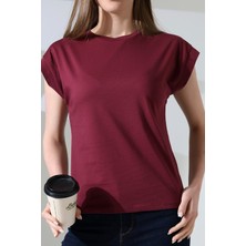 Endies Pamuk Bisiklet Yaka Düşük Kol Basic Kadın T-Shirt 21979 Bordo