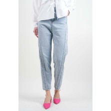 Bayan Kot Pantolon Baget Taşlı Denim Pantolon Açık Mavi