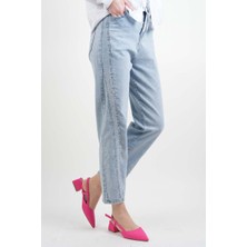 Bayan Kot Pantolon Baget Taşlı Denim Pantolon Açık Mavi