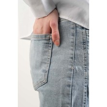 Bayan Kot Pantolon Baget Taşlı Denim Pantolon Açık Mavi