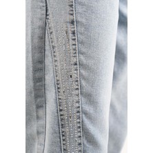 Bayan Kot Pantolon Baget Taşlı Denim Pantolon Açık Mavi
