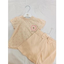 Donino Puantiyeli Karpuz Kol T-Shirt ve Fiyonk Detaylı Kız Çocuk Şort Takımı