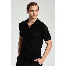 Zigzag Desen Siyah Giza Pamuk Triko Polo