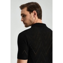 Zigzag Desen Siyah Giza Pamuk Triko Polo