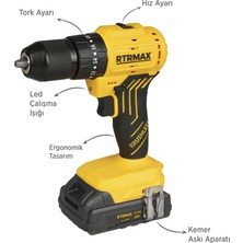 Rtrmax RTS5012 Şarjlı Darbeli Matkap Kömürsüz 54 Nm 2x2 Ah 20V Çift Akü S-Lion - Akü Dahil