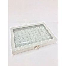 Yeni Yerli Üretim Cam Kapaklı Süet Kumaş Gri Renk 34 cm / 24 cm Tırnaklı Yüzük Sergileme Standı