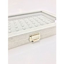 Yeni Yerli Üretim Cam Kapaklı Süet Kumaş Gri Renk 34 cm / 24 cm Tırnaklı Yüzük Sergileme Standı