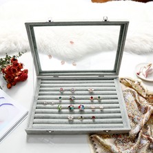 Yeni Yerli Üretim Cam Kapaklı Süet Kumaş Gri Renk 34 cm / 24 cm Sosisli Yüzük Sergileme Standı