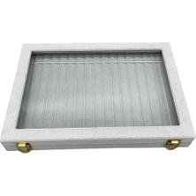 Yeni Yerli Üretim Cam Kapaklı Süet Kumaş Gri 34 cm / 24 cm Kademeli Bileklik-Kolye Sergileme Standı