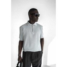 Erkek Yarım Fermuarlı Polo Yaka Triko T-Shirt Gri