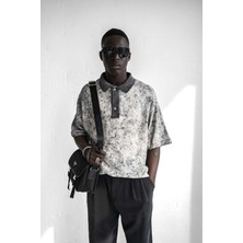 Erkek Düğmeli Polo Yaka Desenli Oversize Triko T-Shirt Siyah