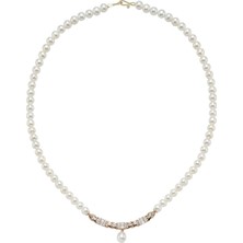 Birinci 14 Ayar Altın 7 mm Baget Taşlı Doğal İnci Kolye